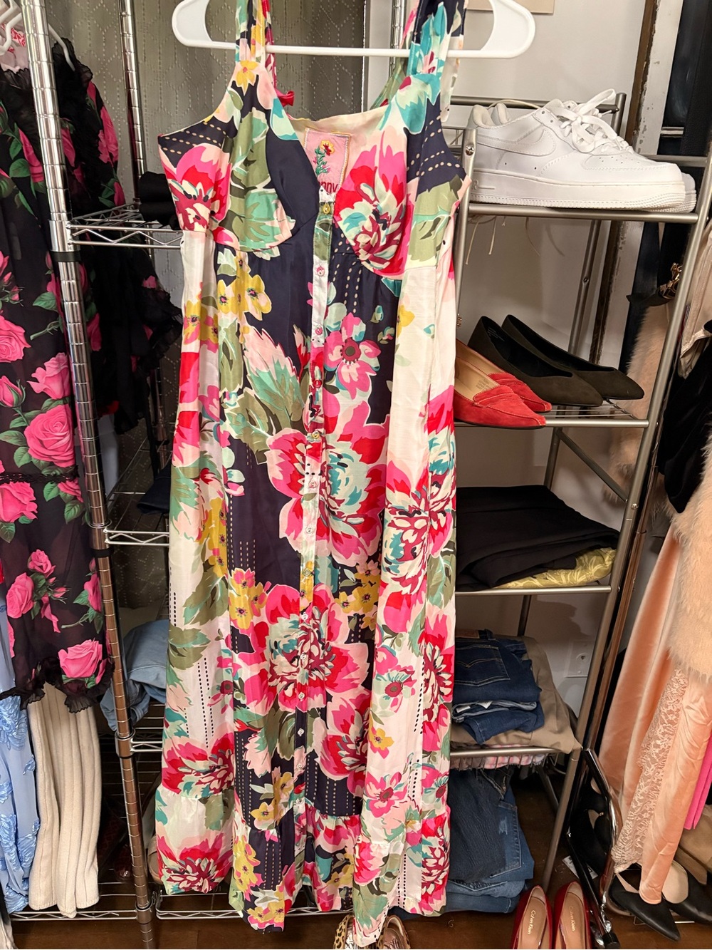 Johnny Was 100% Silk Floral Maxi Dress Button Front Boho Cottagecore